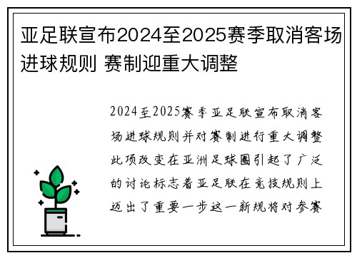 亚足联宣布2024至2025赛季取消客场进球规则 赛制迎重大调整